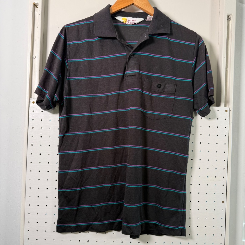 Southern Classics Vintage Men Black Striped Acrylic Polo Shirt Short Sleeve Thin